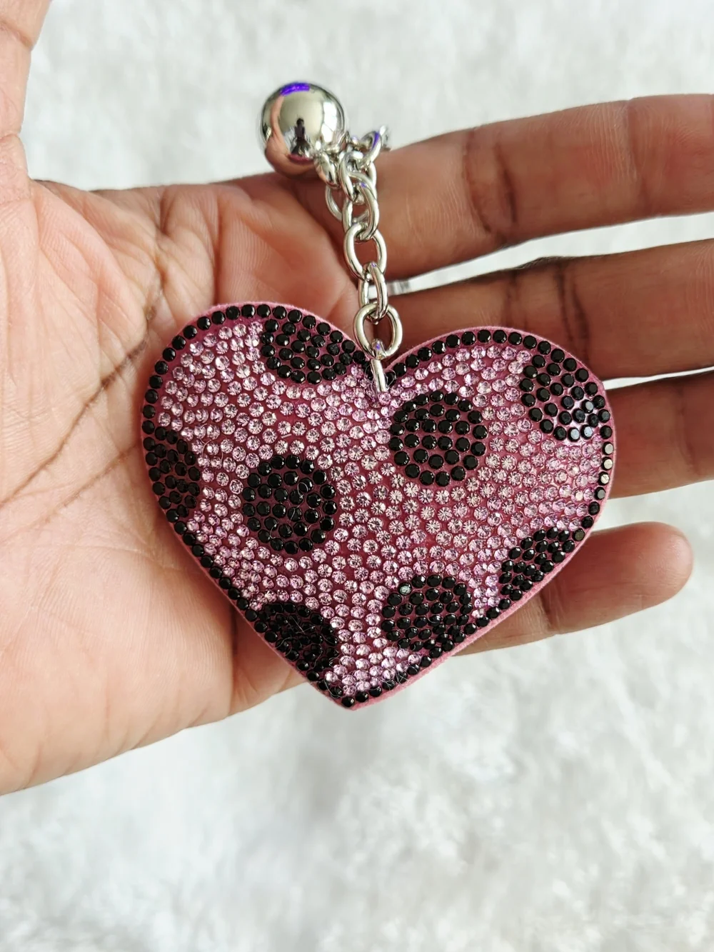 Pink Polka Dot Heart Keychain with Tassel Bling Bag Charm